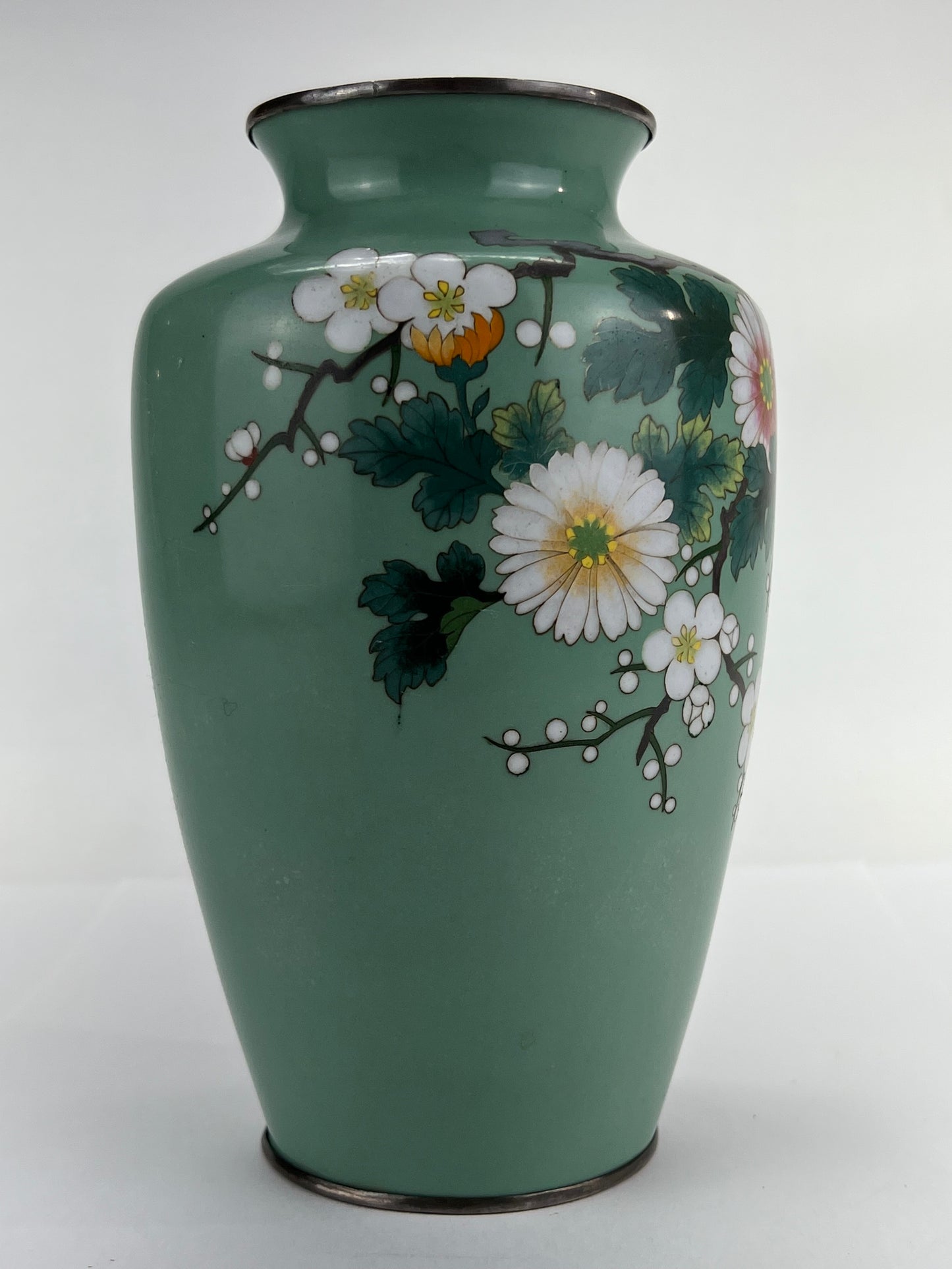 Antique Japanese Meiji Era (late 1800's) Cloisonné Vase Teal w/ Plum Blossoms 7”