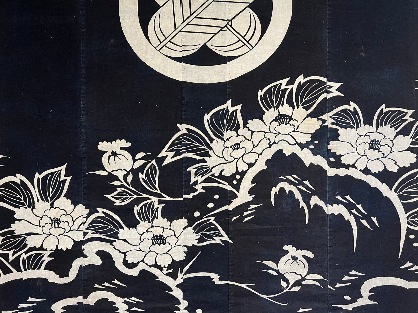 Antique Japanese c1890 Futon Cover 2 Color Crossed Feather Mon & Peony Indigo Dyed Tsutsugaki