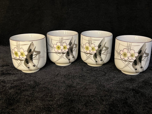 Vintage Japanese Set of 4 Tea Cups Cherry Blossom w/ Bird 2.5"