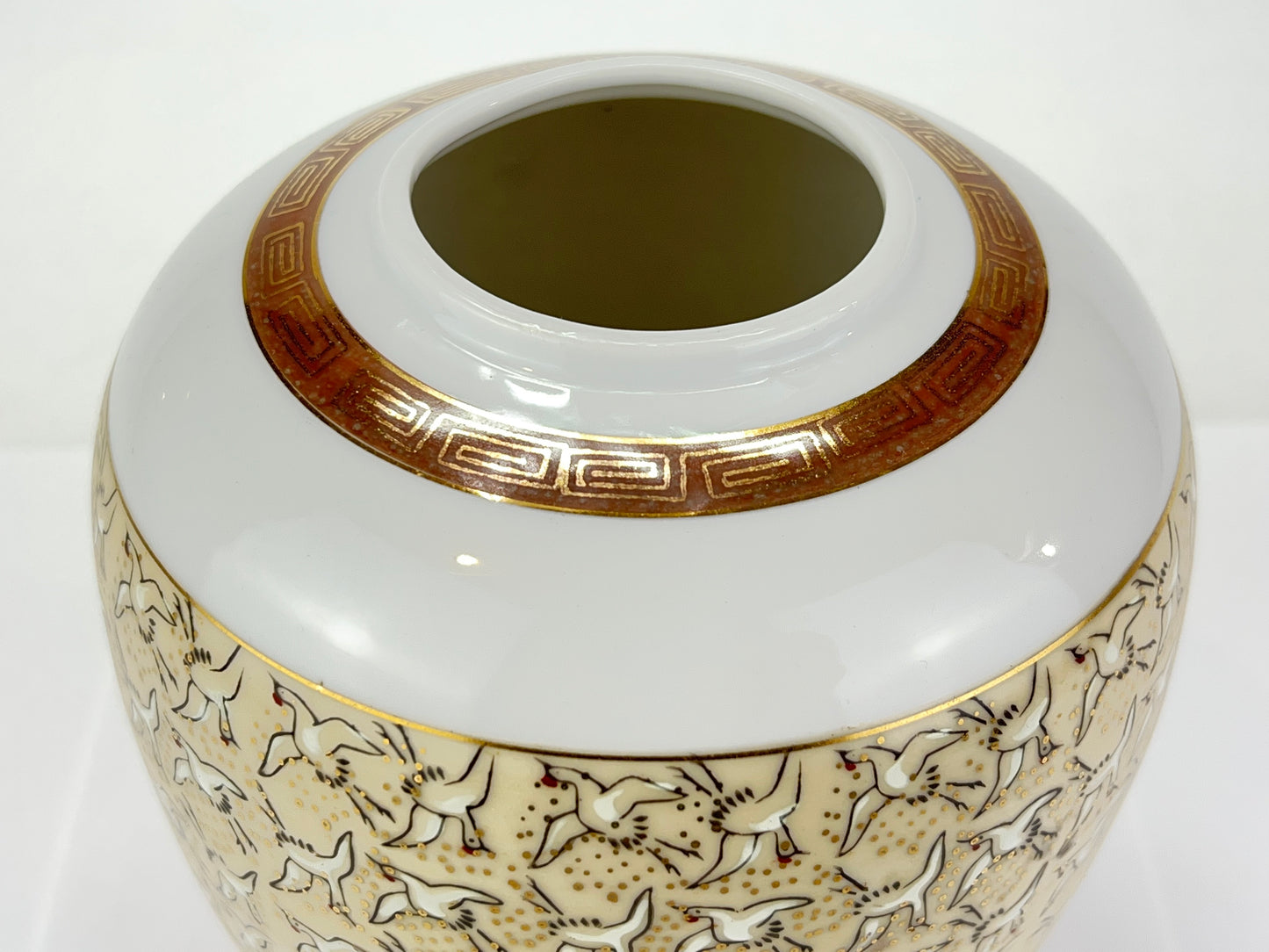Vintage Porcelain Vase w/ Cranes in Black & Gold 7"